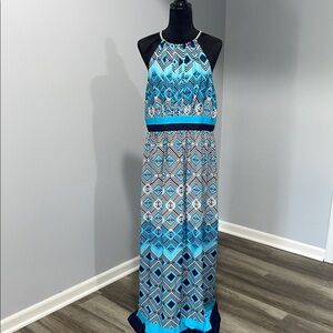 White House Black Market Blue Halter Maxi Dress geometric pattern size 14
